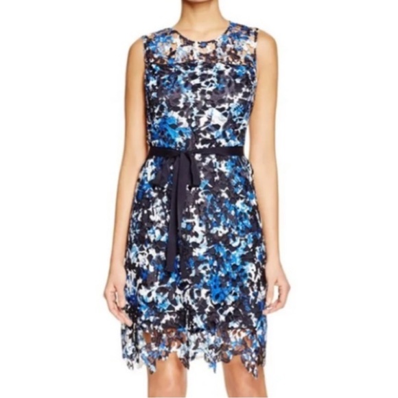 T TAHARI Lincoln Eyelet Lace Overlay Dress SM Tie Waist ZipBack Artsy Dark - Picture 1 of 16